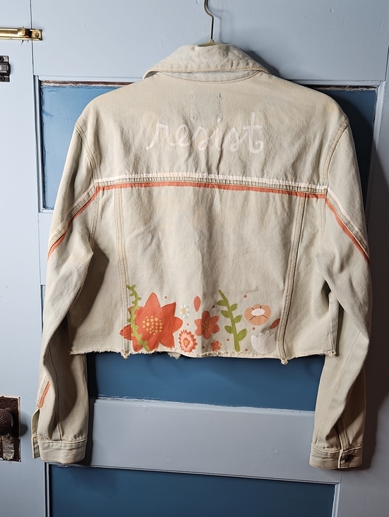 Love Tree Jackets & Blazers - Love Tree Cream Cropped Denim Jacket with Floral Artwork Medium